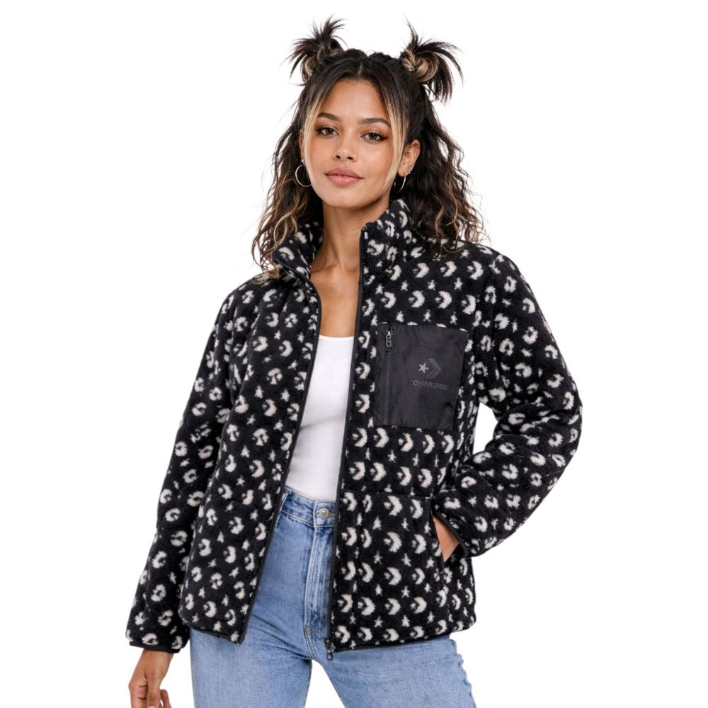 Converse Black and White Patterned Fleece Teddy Full Zip Jacket NWT Size XL